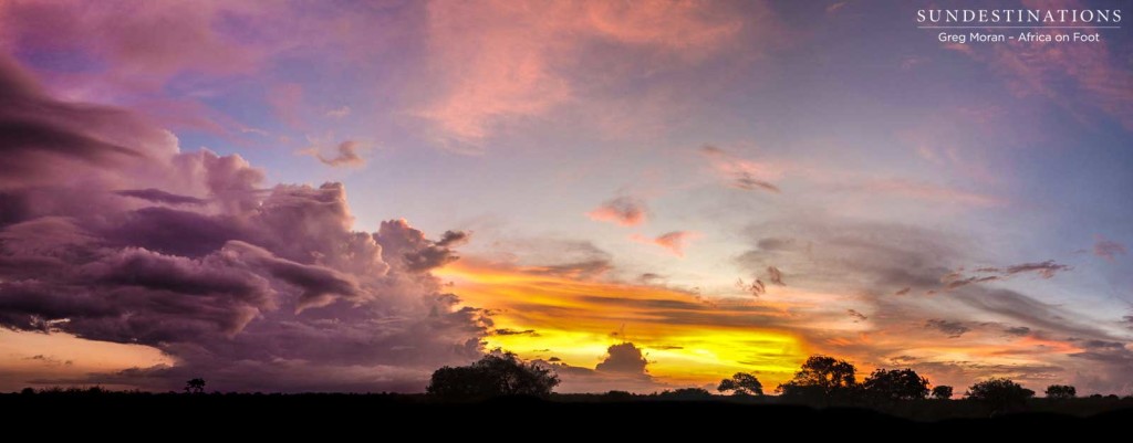 A panoramic explosion of light during a sundowners stop on game drive with Africa on Foot.