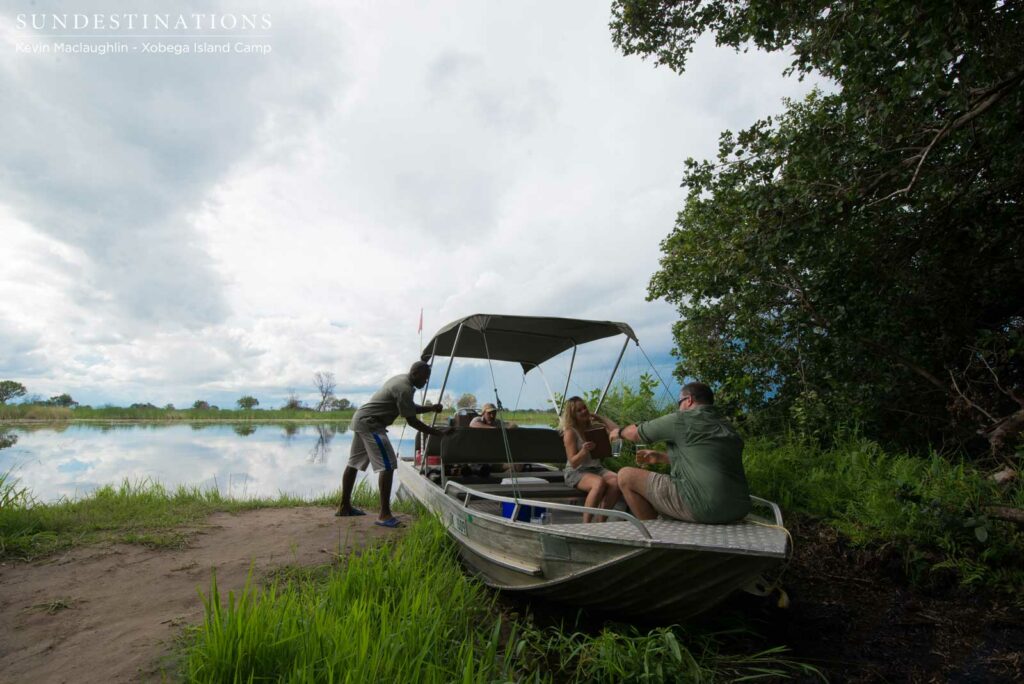 Arriving at Xobega Island Camp after a 45-minute boat cruise from Moremi Game Reserve Arriving at Xobega Island Camp after a 45-minute boat cruise from Moremi Game Reserve