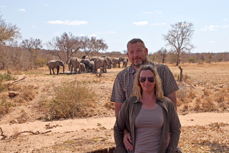Jochen and Mira at nDzuti Safari Lodge in full view of the elephants at the waterhole. 