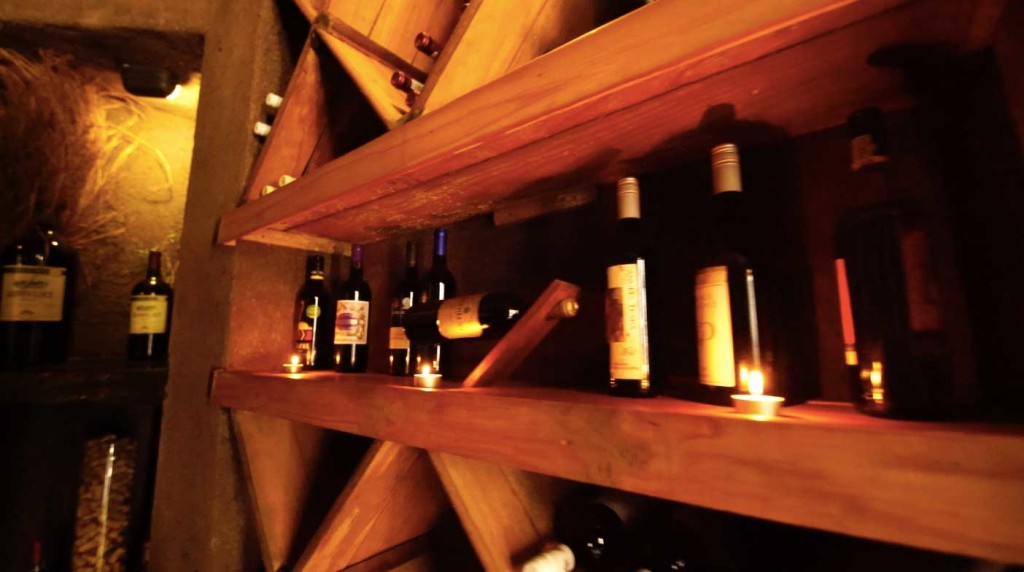Selection of wine on the wooden wine racks