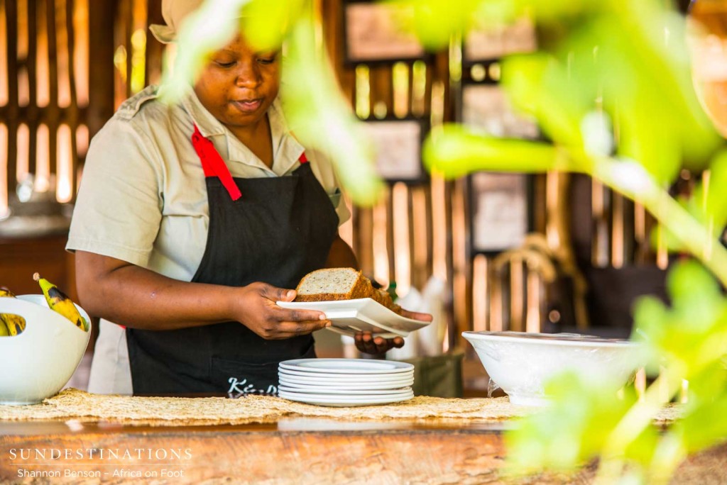 Natasha serving freshly baked bread for lunch