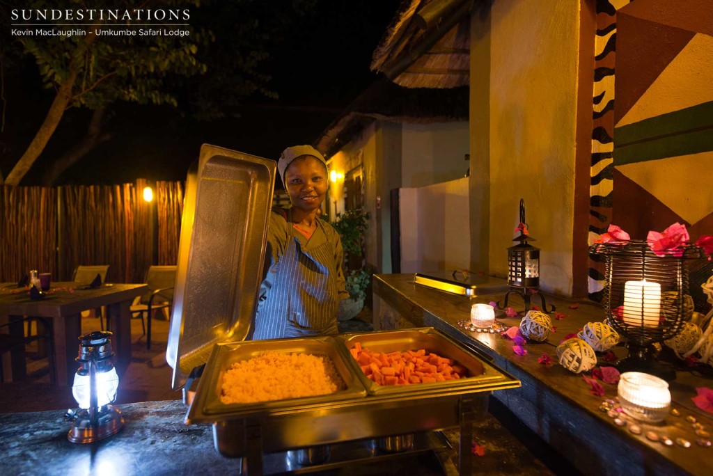 Butternut and fluffy rice is served in abundance to accompany the main attraction of the meal