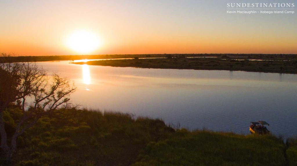 An aerial view of the Delta lagoon at sunset