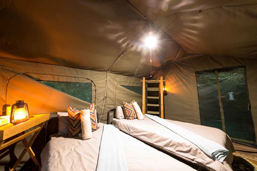 Guest tent interior at Xobega Island