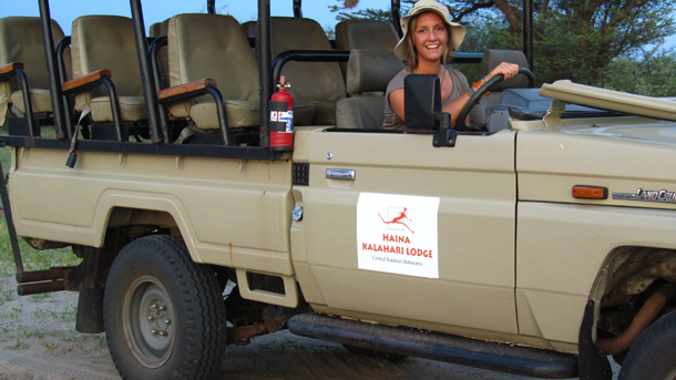 Carolynne Higgins Chilling in a Vehicle Haina Kalahari Lodge Game Vehicle
