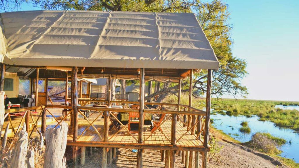 Main guest area overlooking the water at Camp Linyanti Main guest area overlooking the water at Camp Linyanti